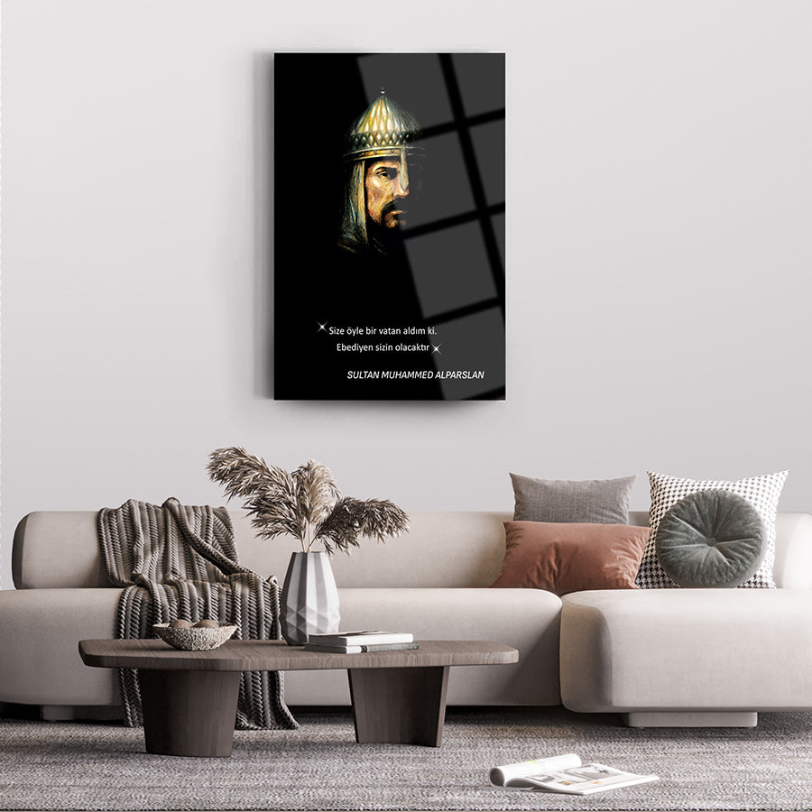 Alparslan Cam Tablo, modern oturma odasında estetik bir duvar sanatı, UV baskılı özel tasarım.
