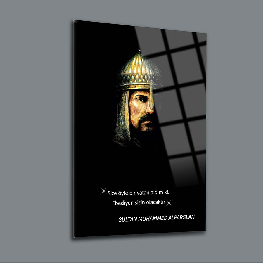 Alparslan cam tablo, Sultan Muhammed Alparslan portresi, özel UV baskı, yüksek kaliteli 4 mm temperli cam.