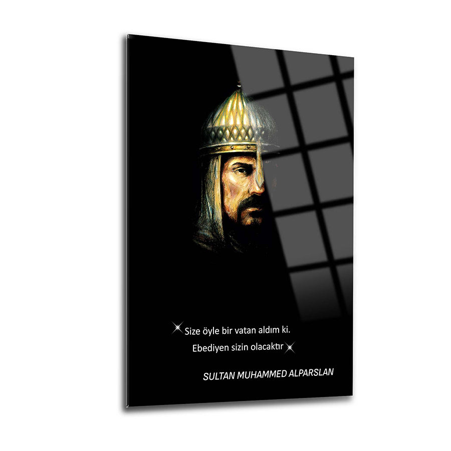Alparslan Cam Tablo featuring Sultan Muhammed Alparslan with a quote on a sleek glass surface.