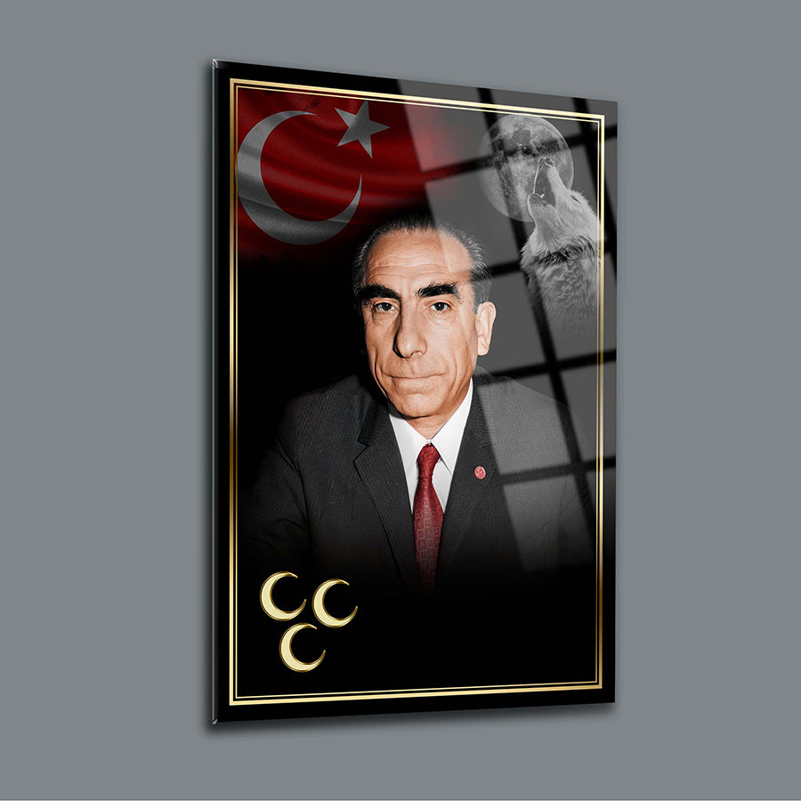 Alparslan Türkeş tempered glass artwork with Turkish flag and unique design elements, celebrating Turkish heritage.