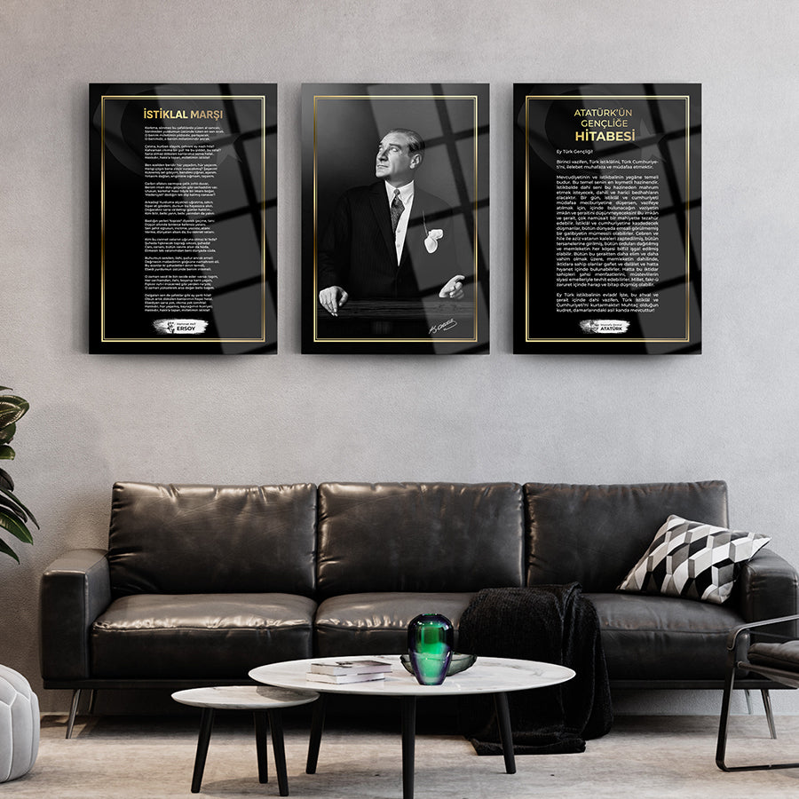 Atatürk themed glass artwork set featuring inspirational texts on a modern living room wall.