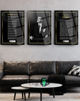 Atatürk themed glass artwork set featuring inspirational texts on a modern living room wall.