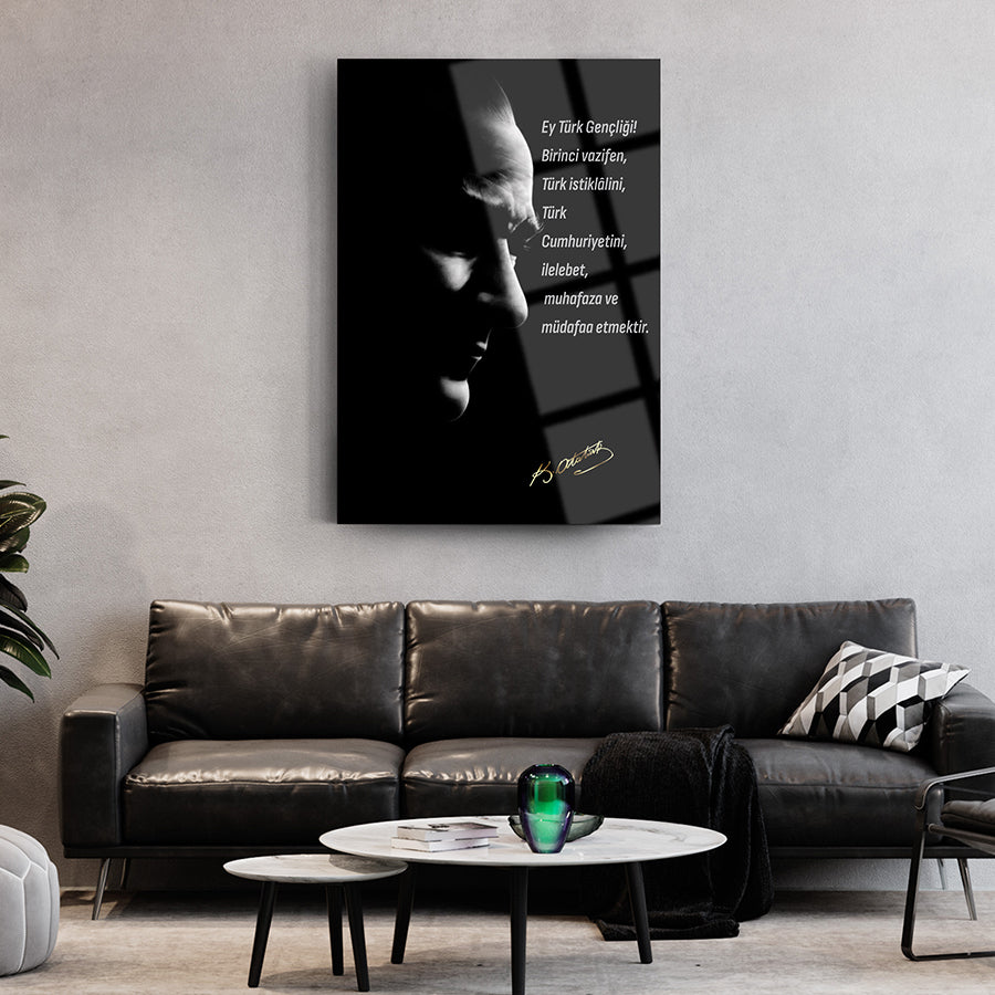 Atatürk 100 Cam Tablo featuring inspirational quote in a modern living room setting.
