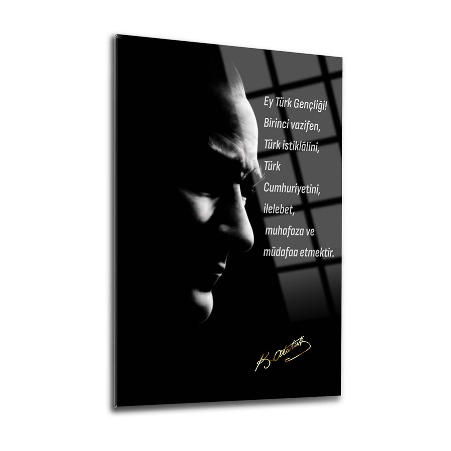 Atatürk 100 Cam Tablo featuring a quote on a sleek glass surface, perfect for home decor and inspired by Turkish heritage.