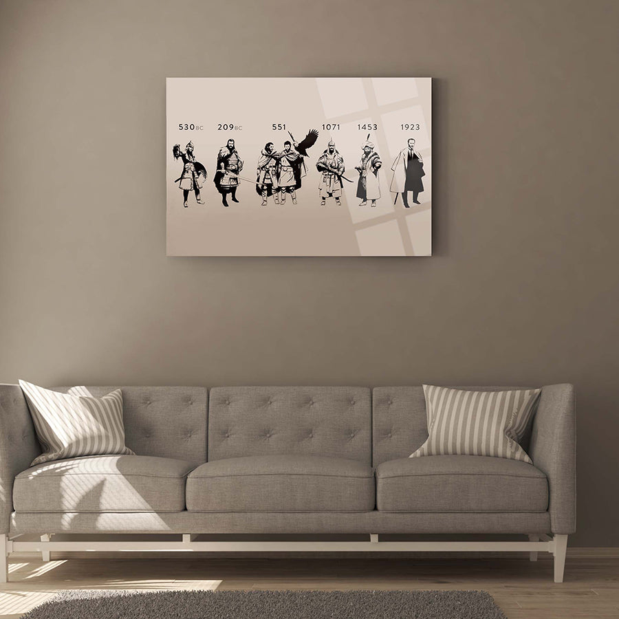 Tarihte Türkler temalı cam tablo, oturma odasında modern dekorasyon için şık bir seçenek.