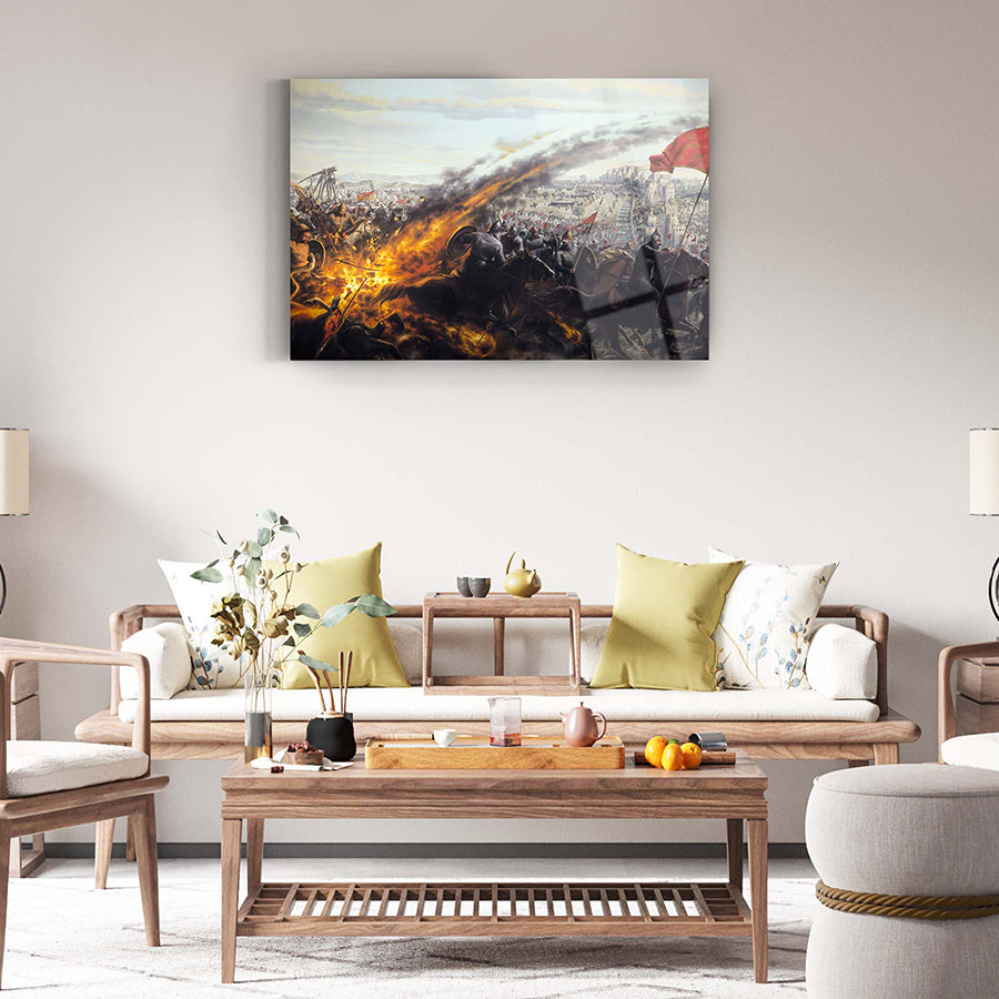 İstanbul'un Fethi 1 Cam Tablo, HD UV baskı, 4 mm kalınlığında temper cam, modern iç mekan dekoru.