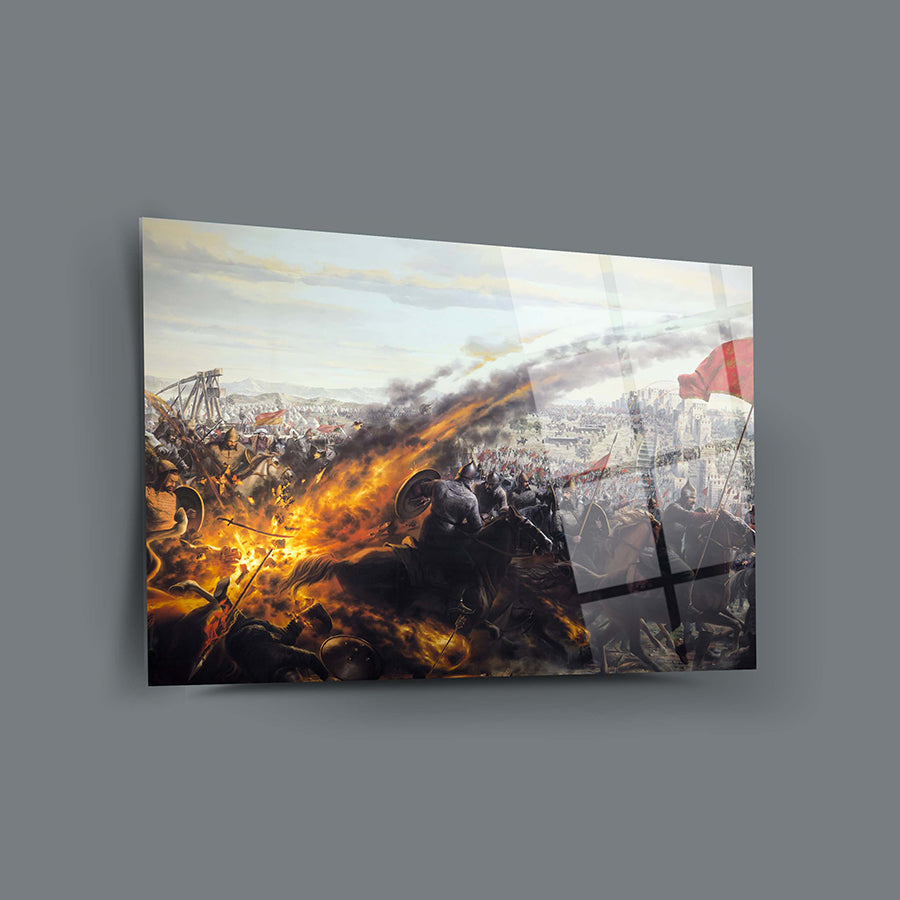 İstanbul'un Fethi 1 Cam Tablo, 4 mm kalınlığında temper cam, UV baskı ile özel tasarım, yüksek kaliteli detaylar.