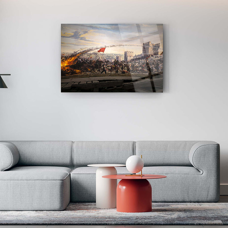 İstanbul'un Fethi 2 cam tablo, modern oturma alanında sanatsal dekorasyon örneği.