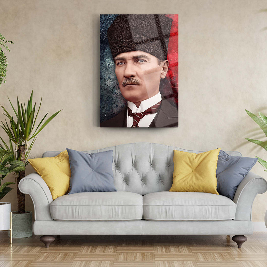Atatürk 101 cam tablo, modern tasarım, şık oturma odası dekoru, UV baskı ile özel hazırlanmış.