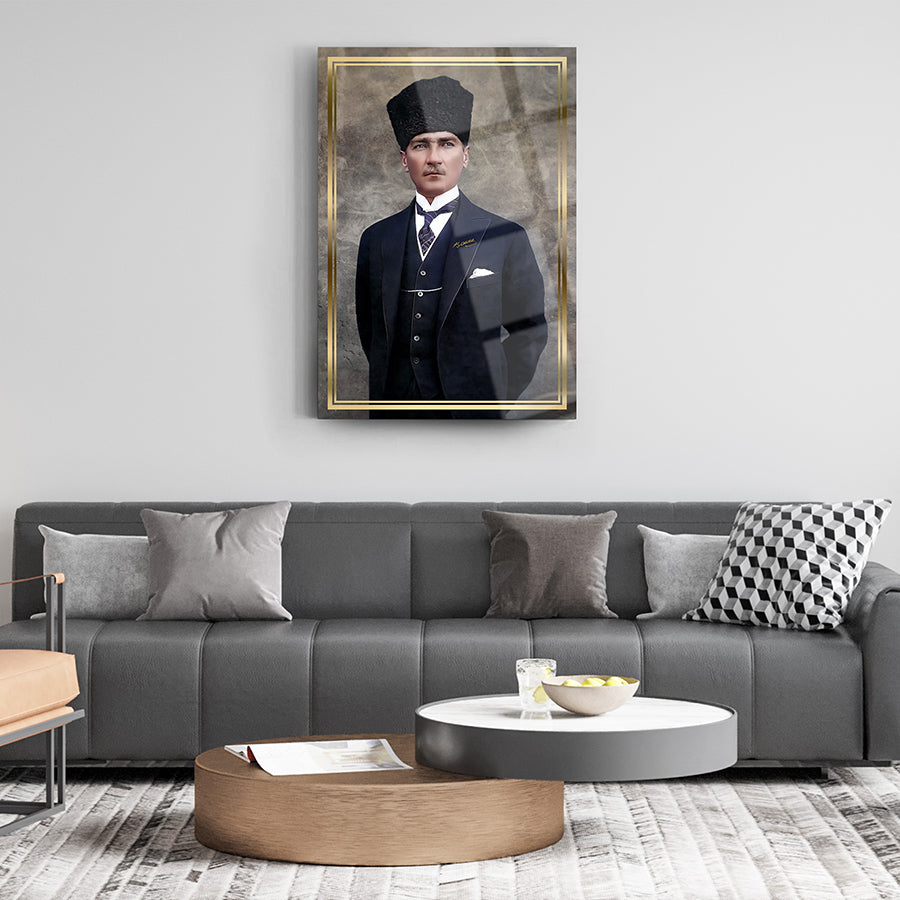 Elegant Atatürk 102 Cam Tablo in stylish living room setting, showcasing modern decor and artistic flair.