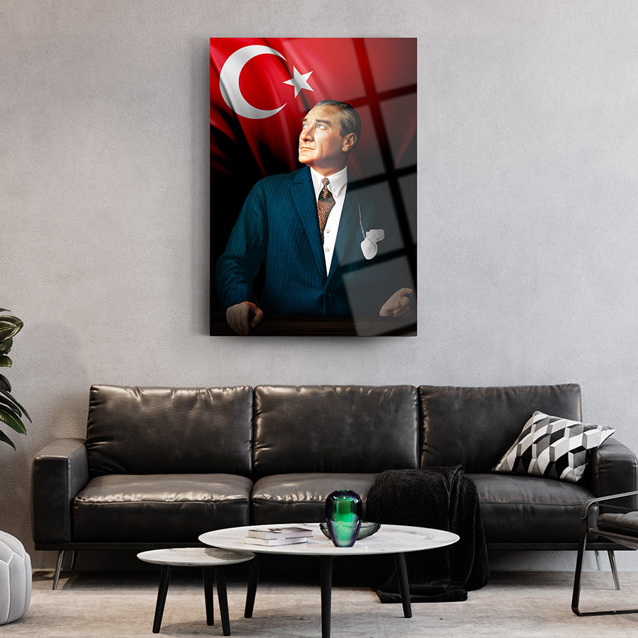 Atatürk 104 Cam Tablo, modern salon dekoru, özel tasarım UV baskı, dayanıklı cam, Türkiye'nin simgesi
