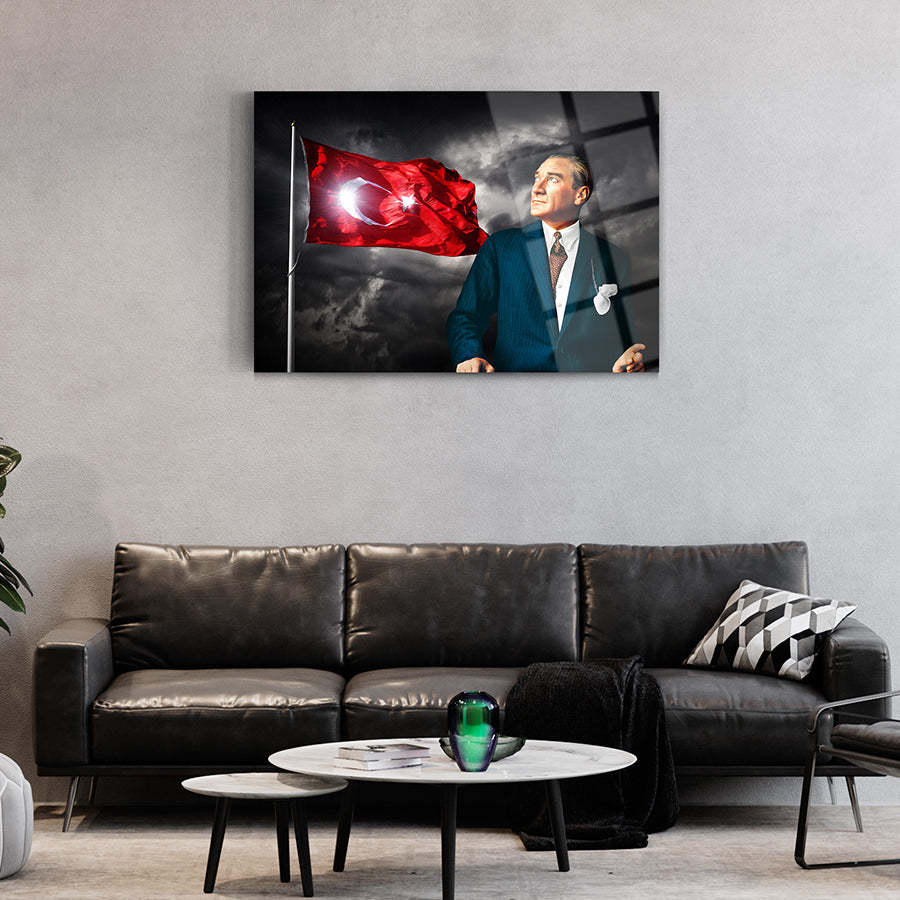 Atatürk with Turkish flag art glass panel, showcasing vibrant design in modern living room decor.