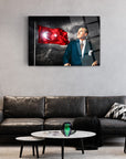 Atatürk with Turkish flag art glass panel, showcasing vibrant design in modern living room decor.