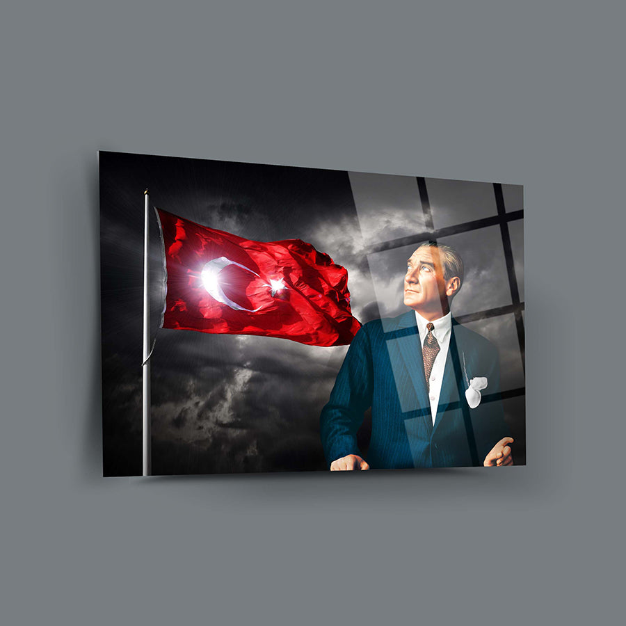 Atatürk and Turkish flag glass wall art, UV printed on durable tempered glass for home decor.