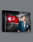 Atatürk and Turkish flag glass wall art, UV printed on durable tempered glass for home decor.