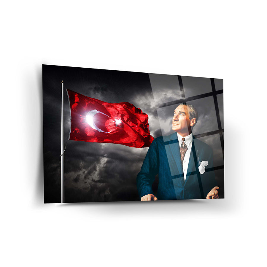 Atatürk with Turkish flag on high-quality tempered glass art panel by SRD Concept.