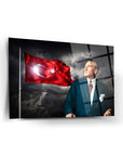 Atatürk with Turkish flag on high-quality tempered glass art panel by SRD Concept.