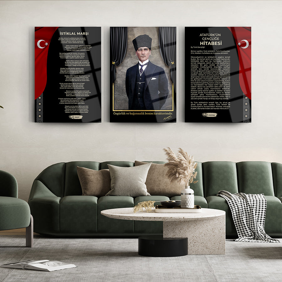 Atatürk 3'lü Cam Tablo Set, modern oturma odasında şık bir dekorasyon parçası olarak sergileniyor.