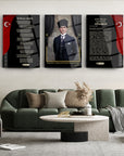 Atatürk 3'lü Cam Tablo Set, modern oturma odasında şık bir dekorasyon parçası olarak sergileniyor.