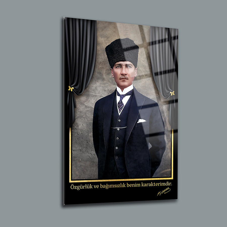 Atatürk art piece featuring quote on freedom and independence, elegant glass frame with black curtains background.