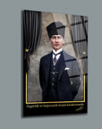 Atatürk art piece featuring quote on freedom and independence, elegant glass frame with black curtains background.