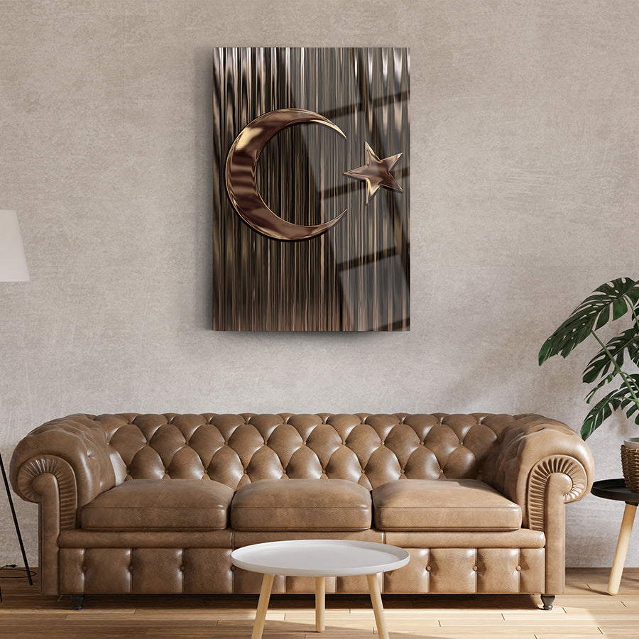 Türk Bayrağı motifli cam tablo, şık iç mekan dekorasyonu için ideal Diğer ürünleri tamamlayan modern sanat eseri.