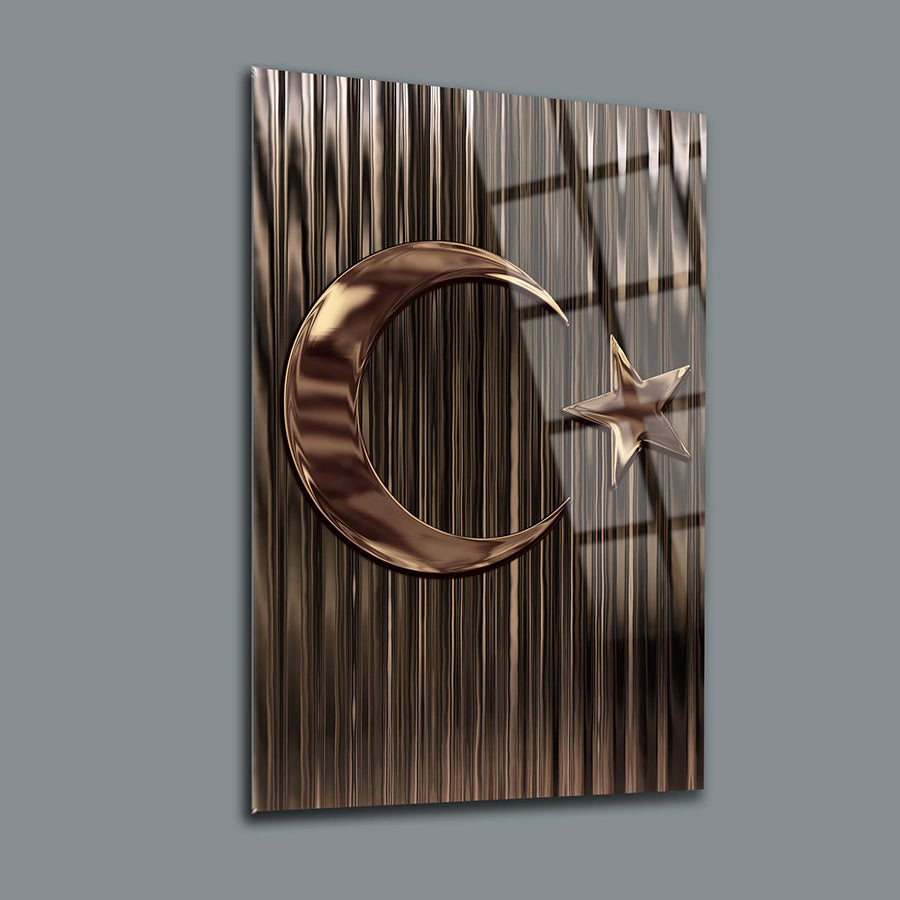 Türk bayrağı simgesi ile dekoratif cam tablo, modern ve şık tasarım. Kaliteli UV baskı ve dayanıklı cam.