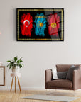 Türk ve Kırgız bayraklarının modern cam tablo tasarımı, şık ev dekorasyonu.