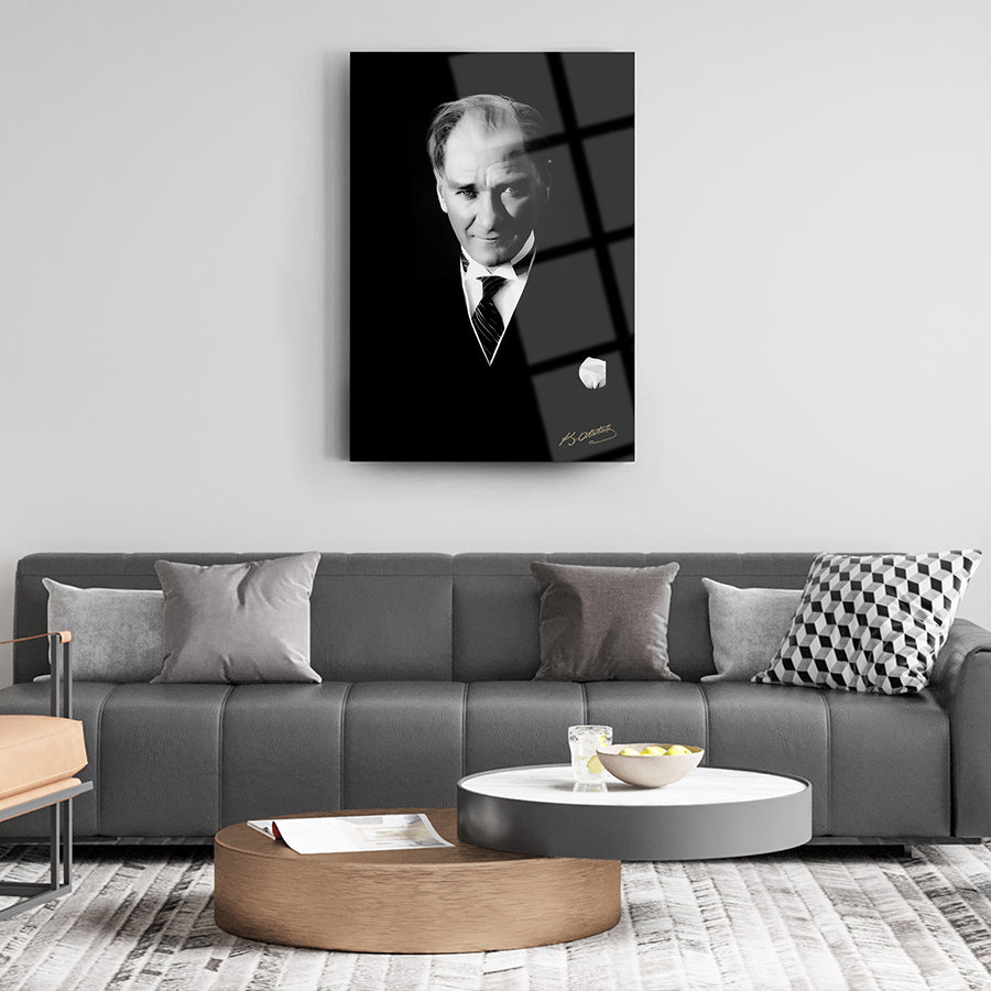 Stylish living room featuring Atatürk 105 Cam Tablo on wall above modern sofa and coffee table decor.