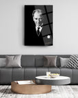 Stylish living room featuring Atatürk 105 Cam Tablo on wall above modern sofa and coffee table decor.