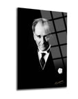 Atatürk 105 Cam Tablo - Black and white tempered glass art featuring a classic portrait design, durable and stylish for home decor.