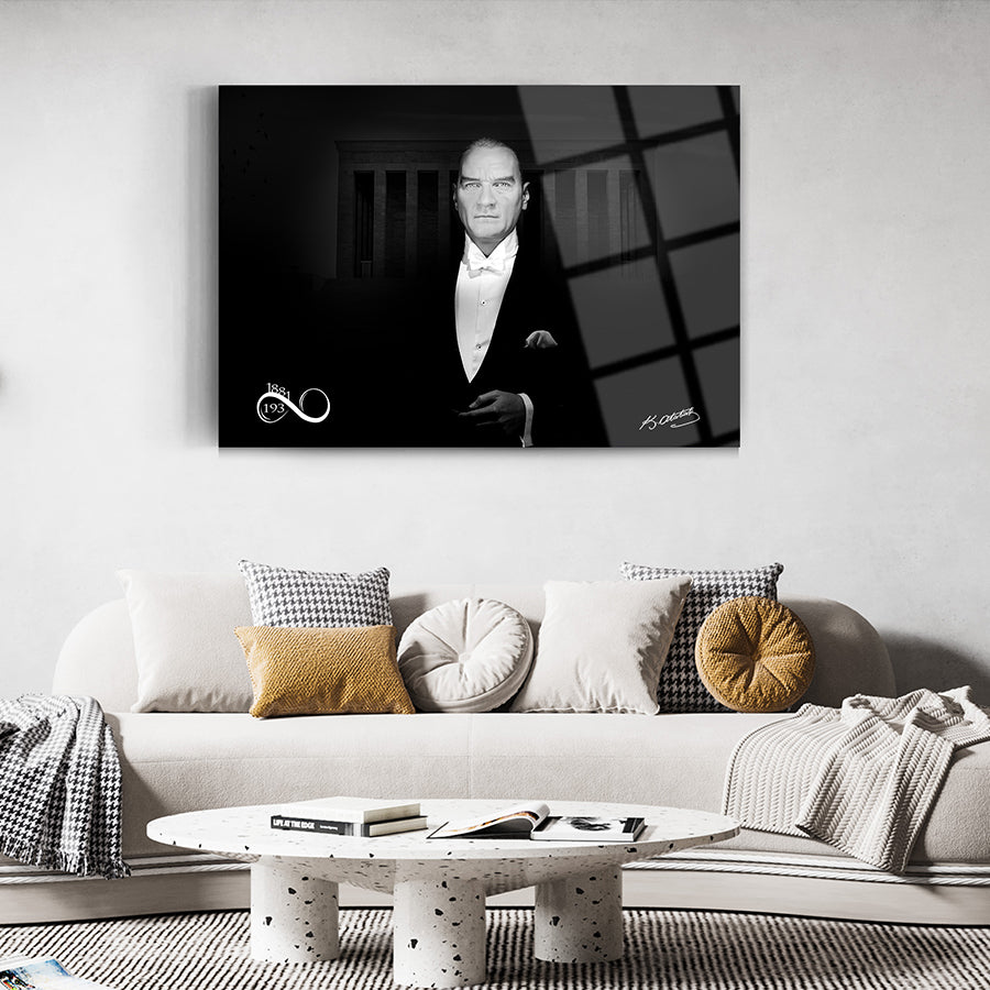 Elegant black and white wall art featuring a man in formal attire, displayed in a modern living room.