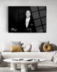 Elegant black and white wall art featuring a man in formal attire, displayed in a modern living room.