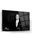 Atatürk 109 Cam Tablo with UV print on durable 4mm glass, featuring a stylish black and white portrait.