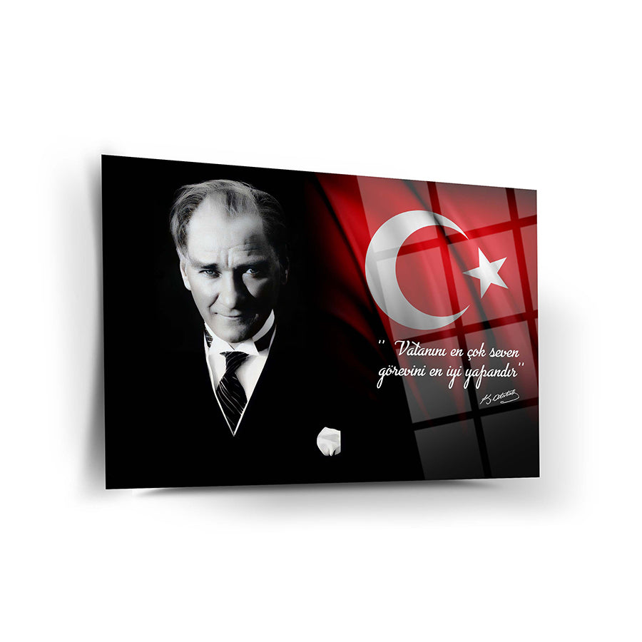Atatürk 113 Cam Tablo with Turkish flag and inspirational quote, high-quality glass art by SRD Concept.