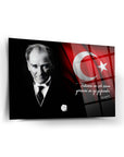 Atatürk 113 Cam Tablo with Turkish flag and inspirational quote, high-quality glass art by SRD Concept.