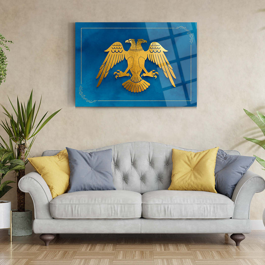 Selçuklu Bayrağı Cam Tablo, şık tasarım, modern oturma odası dekoru, UV baskı ile yüksek kaliteli cam.