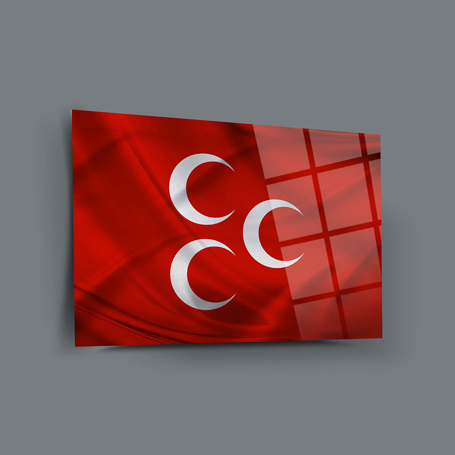 Üç Hilal Bayrak Cam Tablo, kaliteli temperli cam, özel UV baskı ile tasarlanmış, modern dekor.