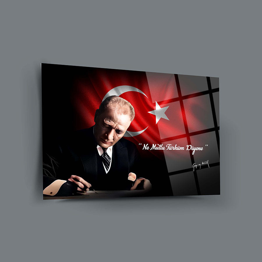Atatürk 117 Cam Tablo, temperli cam üzerine UV baskılı, yüksek kaliteli duvar sanatı.