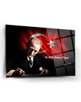 Atatürk 117 Cam Tablo featuring a portrait of Atatürk with Turkish flag, high-quality tempered glass design.