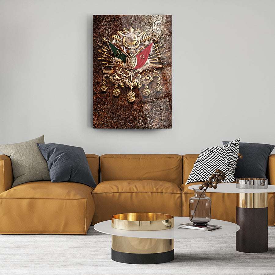 Osmanlı Tuğrası 4 cam tablo, modern oturma odasında dekoratif sanat eseri.