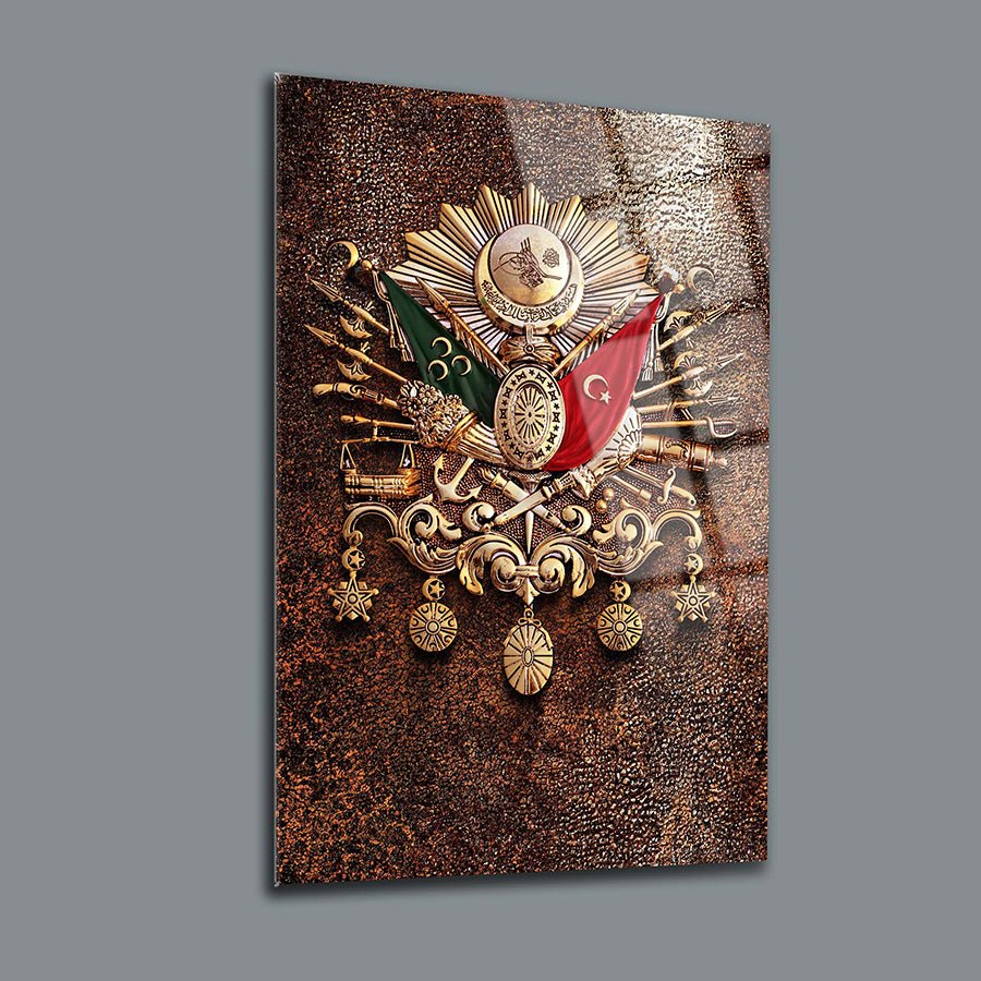 Osmanlı Tuğrası 4 mm kalınlığında cam tablo; dayanıklı, özel tasarım ve UV baskı ile hazırlanmış.