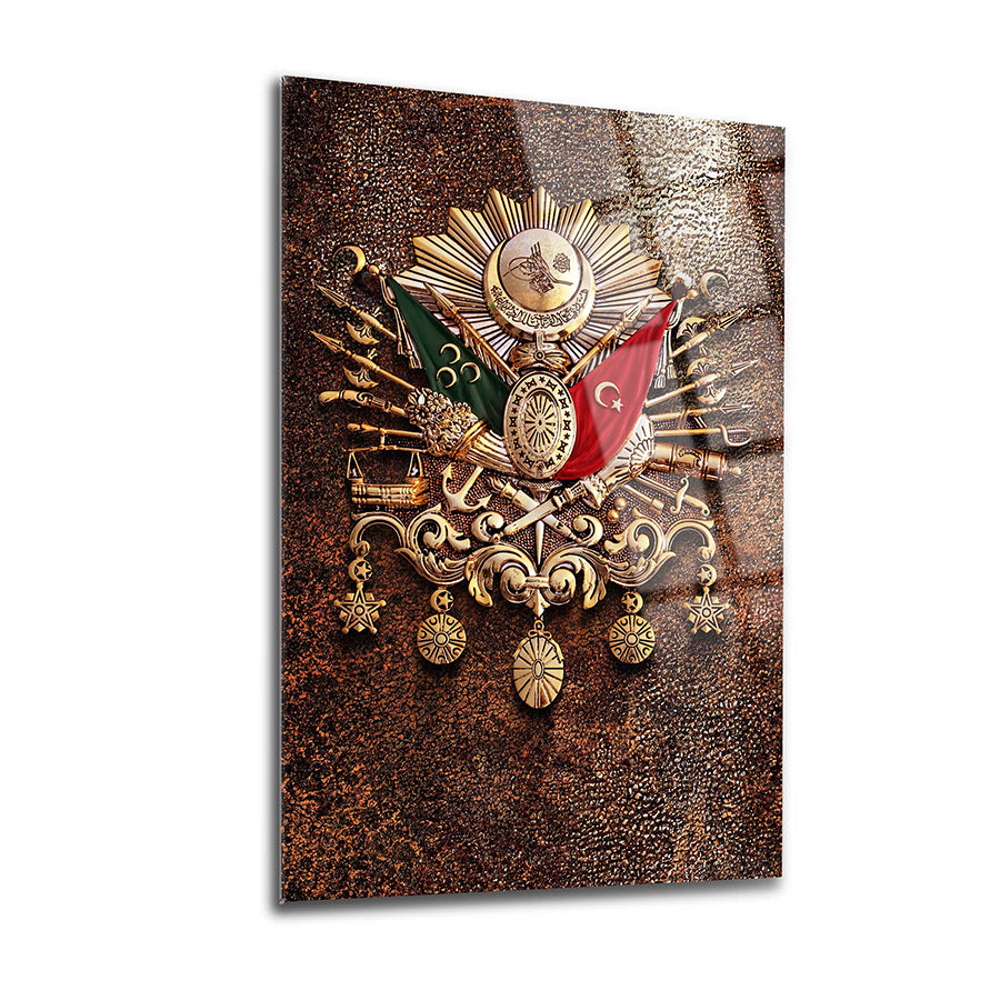 Osmanlı Tuğrası 4 mm kalınlığında cam tablo, UV baskı ile tasarlanmış, yüksek kaliteli dekorasyon ürünü.