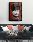 Black and white framed portrait of Atatürk, showcasing historic elegance in a contemporary living room decor.