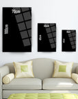 Modern glass wall art display with various sizes: 100cm, 70cm, 65cm, 45cm, and 30cm on a stylish sofa.