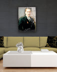 Atatürk 3 Cam Tablo displayed on a modern living room wall above a stylish couch and coffee table.