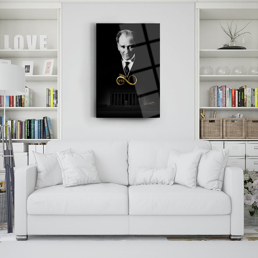 Atatürk 9 Cam Tablo, modern tasarım, yüksek kaliteli temperli cam, şık oturma odası dekoru