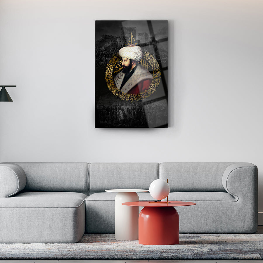 Fatih Sultan Mehmet cam tablo duvar sanatı modern oturma odasında sergilenen görsel.
