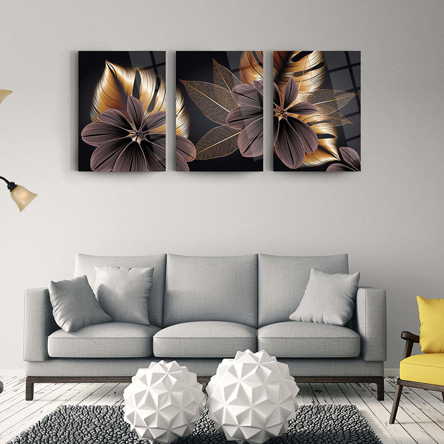 Altın yapraklar detaylı cam tablo seti, modern oturma odası dekorasyonu için şık bir tasarım.