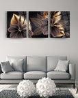 Altın yapraklar detaylı cam tablo seti, modern oturma odası dekorasyonu için şık bir tasarım.
